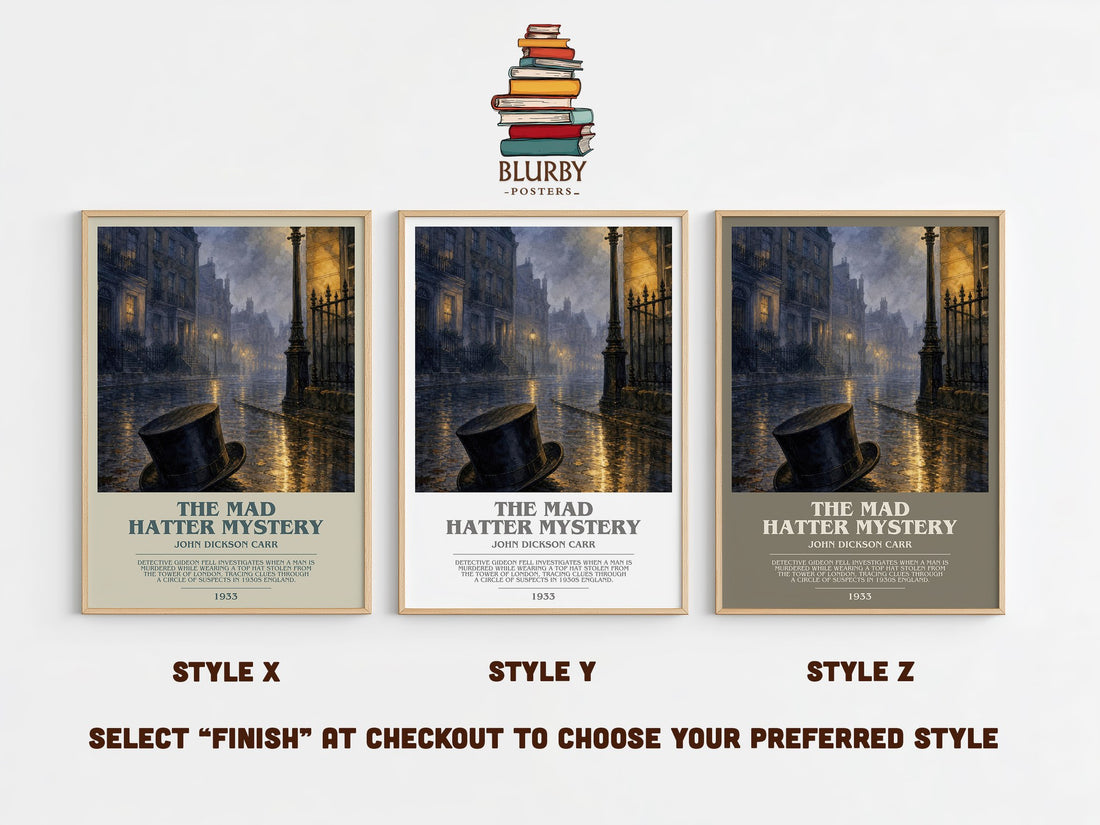 The Mad Hatter Mystery bookish print in frame leaning in hallway – mystery wall art (mockup)