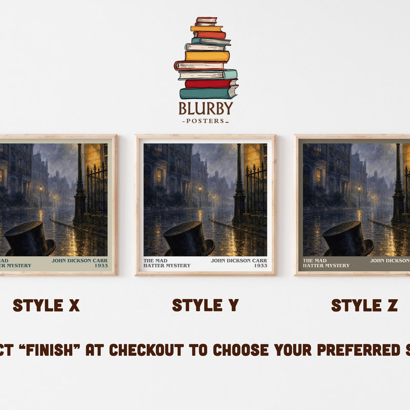 The Mad Hatter Mystery literary print in frame leaning in hallway – mystery wall art