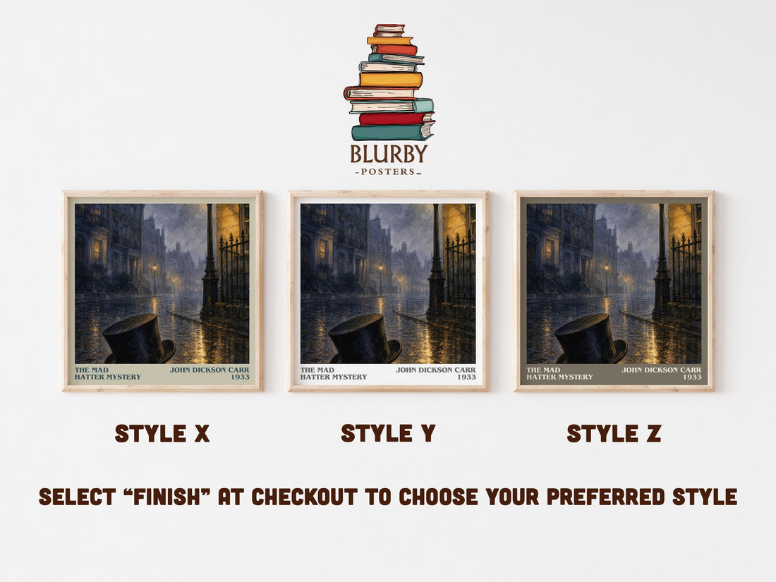 The Mad Hatter Mystery literary print in frame leaning in hallway – mystery wall art (mockup)