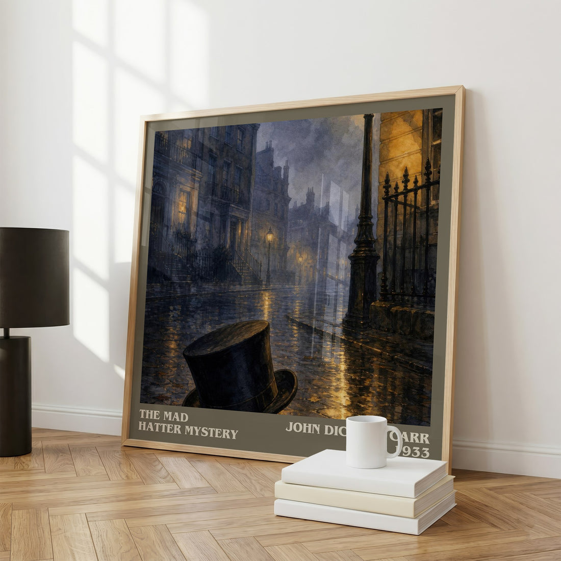 The Mad Hatter Mystery literary print framed by window – literary home decor