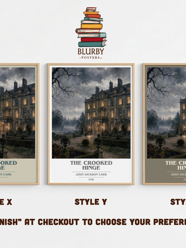 The Crooked Hinge book cover print in frame leaning in hallway – mystery wall art