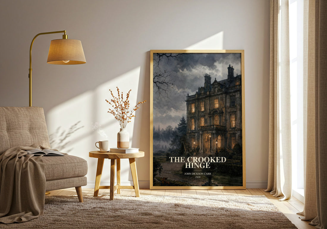 The Crooked Hinge watercolour print in frame leaning in hallway – mystery wall art