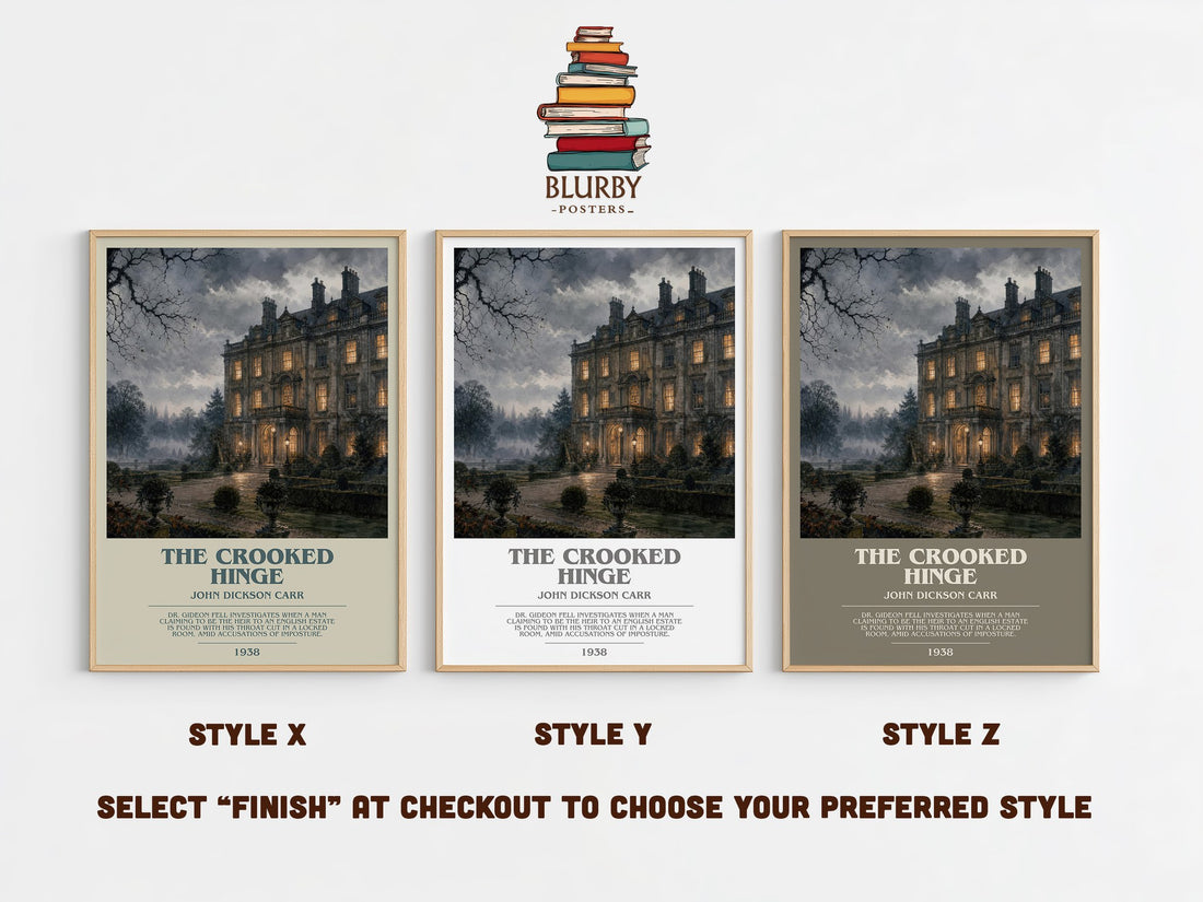 The Crooked Hinge bookish print in frame leaning in hallway – mystery wall art (mockup)