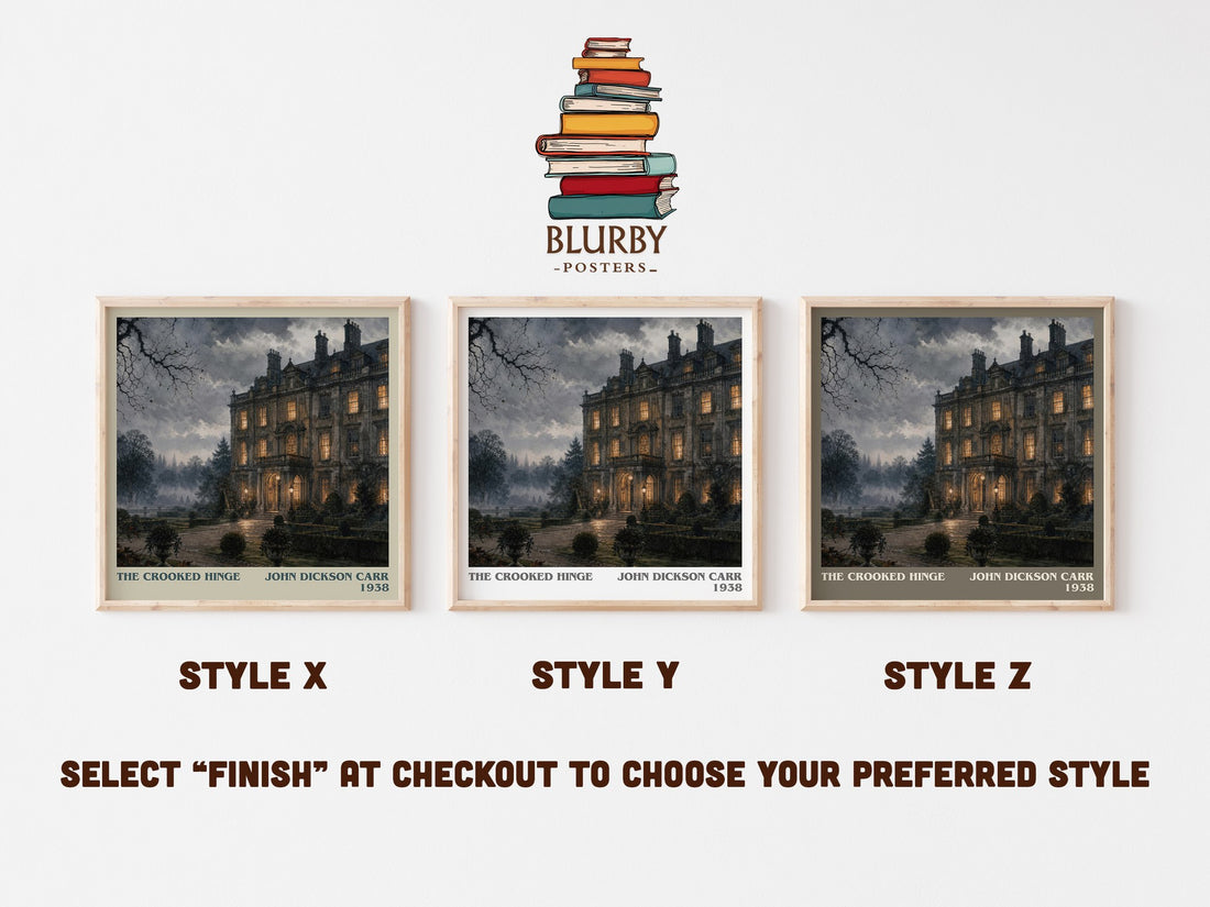The Crooked Hinge literary print in frame leaning in hallway – mystery wall art (mockup)