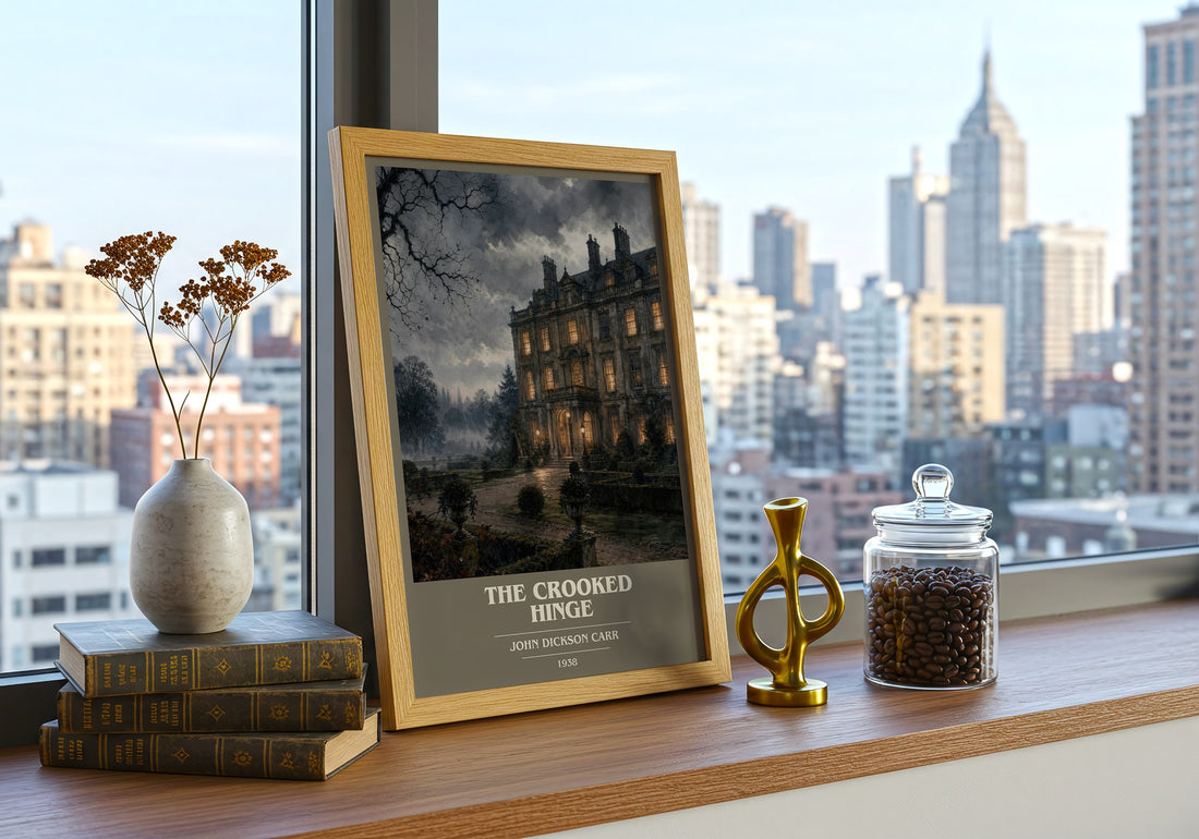 The Crooked Hinge book cover print framed by window – literary home decor