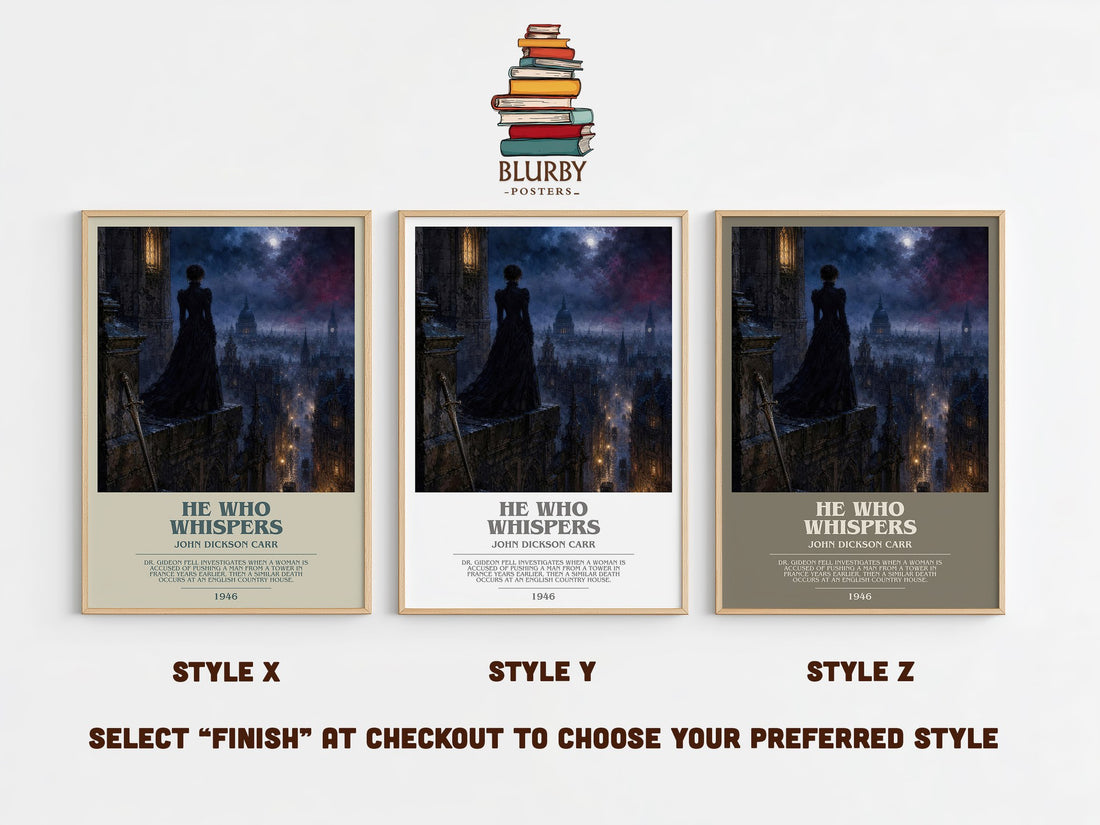 He Who Whispers bookish print in frame leaning in hallway – mystery wall art (mockup)