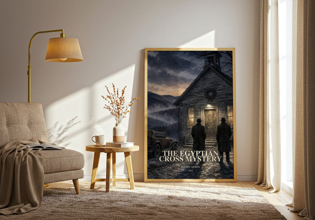 The Egyptian Cross Mystery watercolour print in frame leaning in hallway – mystery wall art