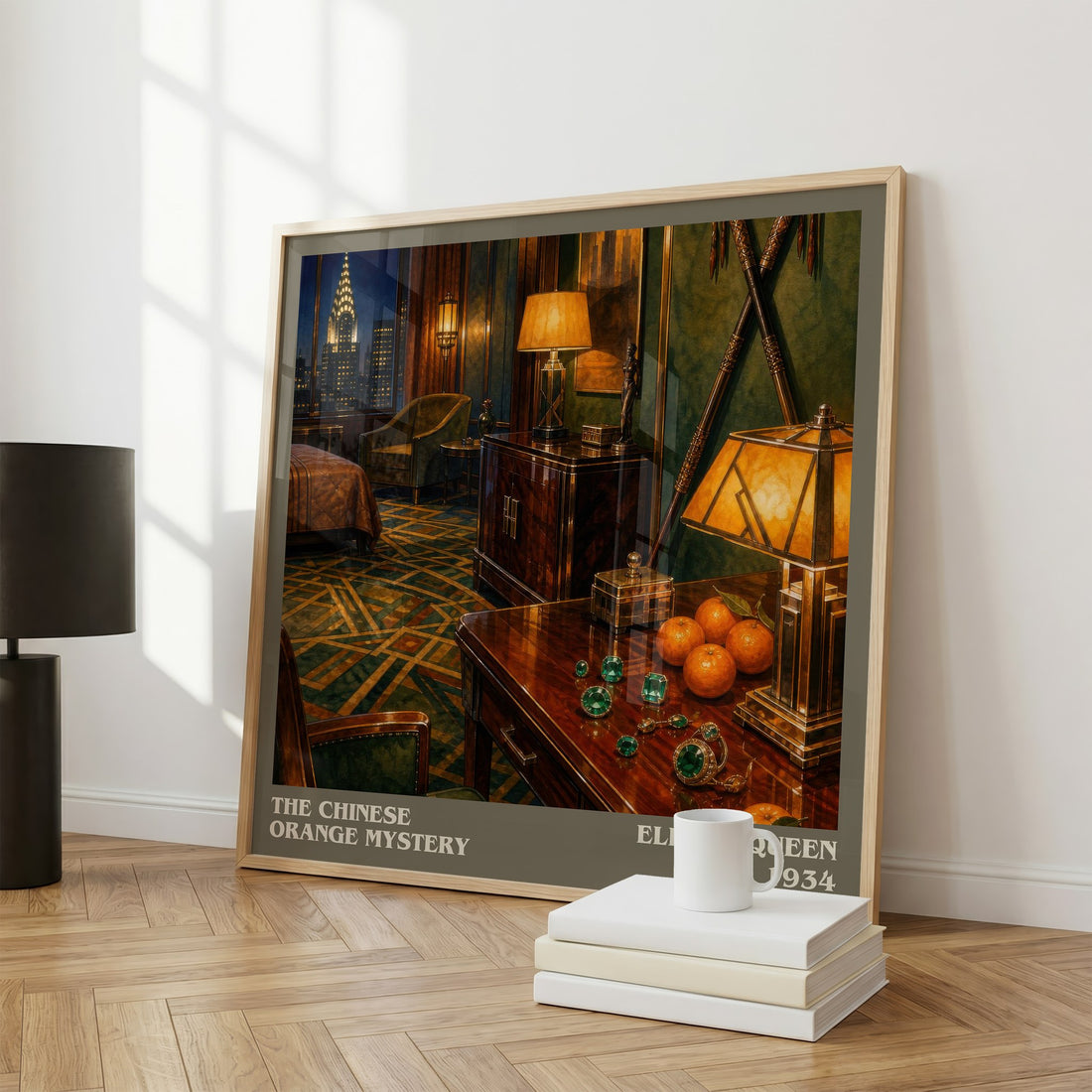 The Chinese Orange Mystery literary print framed by window – literary home decor