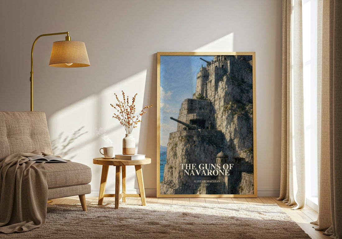 The Guns of Navarone watercolour print in frame leaning in hallway – adventure wall art