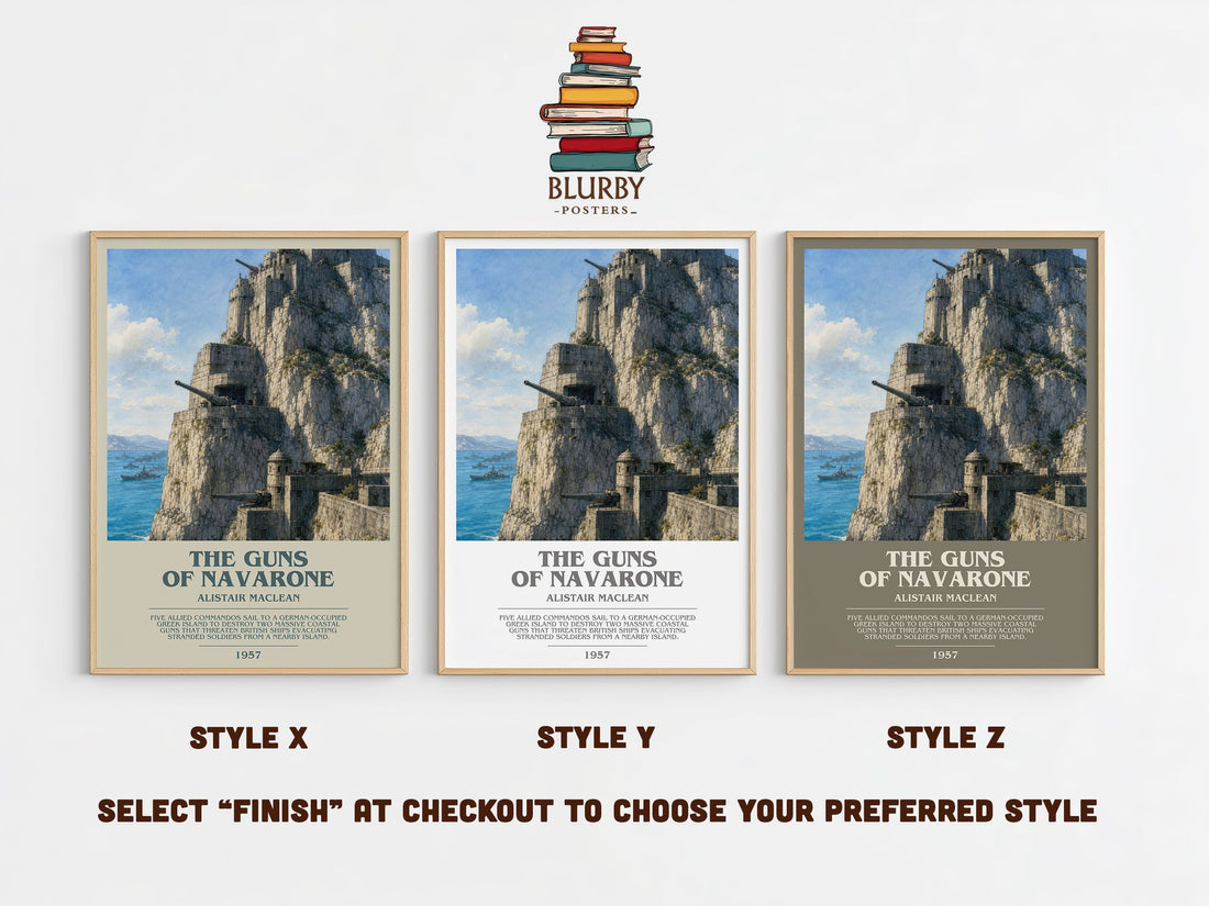 The Guns of Navarone bookish print in frame leaning in hallway – adventure wall art (mockup)