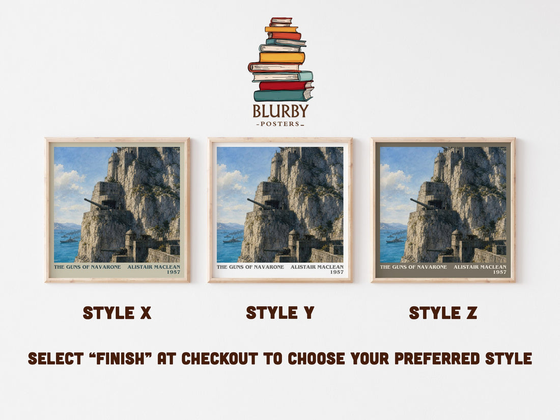 The Guns of Navarone literary print in frame leaning in hallway – adventure wall art (mockup)