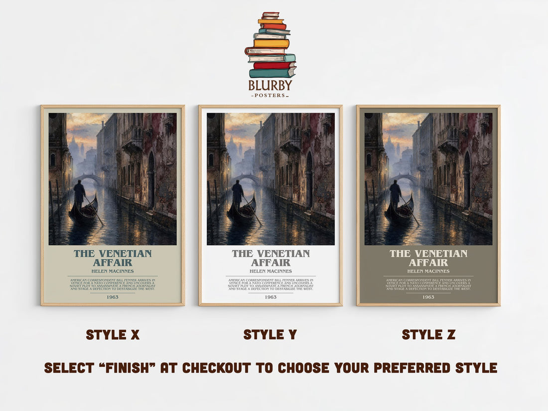 The Venetian Affair bookish print in frame leaning in hallway – thriller wall art (mockup)