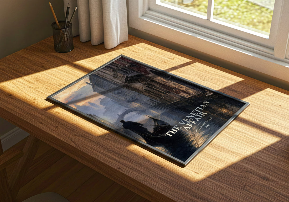 The Venetian Affair watercolour book poster framed on wall – thriller wall art