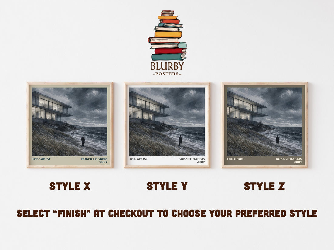 The Ghost literary print in frame leaning in hallway – thriller wall art (mockup)