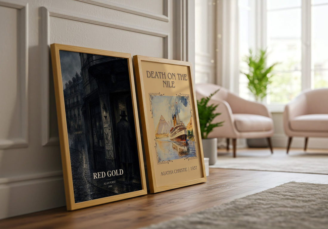 Red Gold watercolour print framed by window – literary home decor