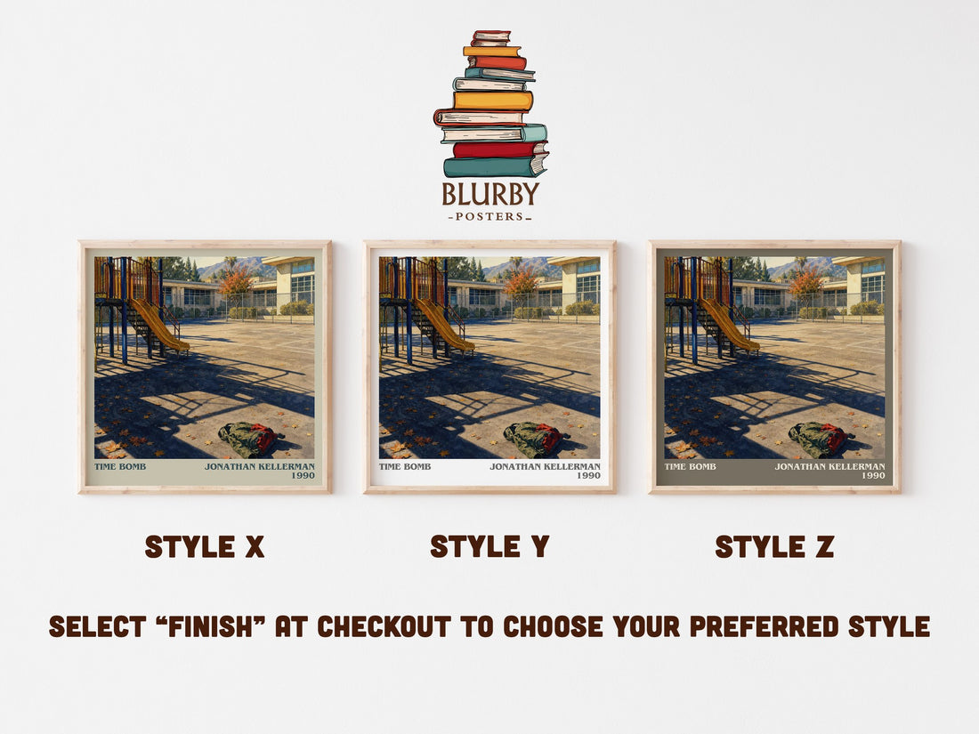 Time Bomb literary print in frame leaning in hallway – thriller wall art (mockup)