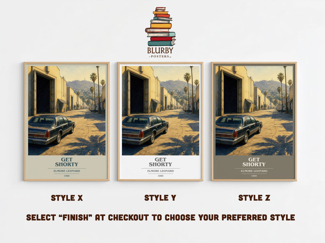 Get Shorty book cover print in frame leaning in hallway – crime wall art (mockup)
