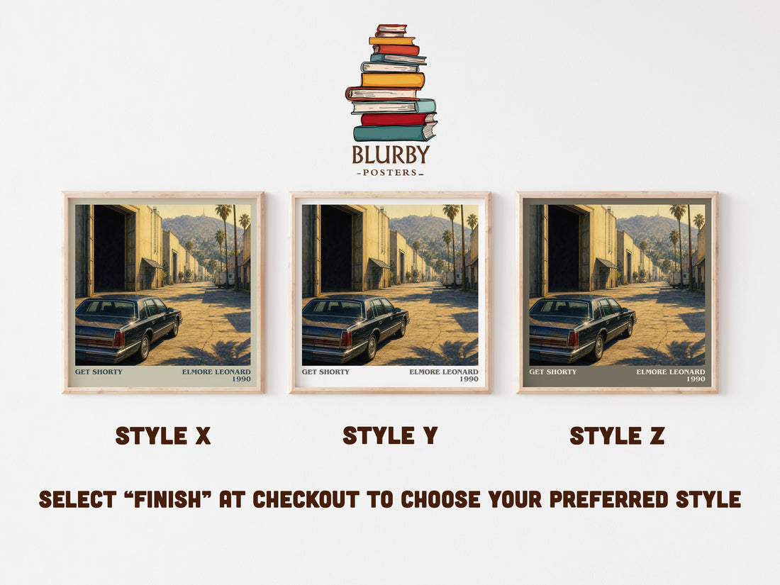 Get Shorty literary print in frame leaning in hallway – crime wall art (mockup)