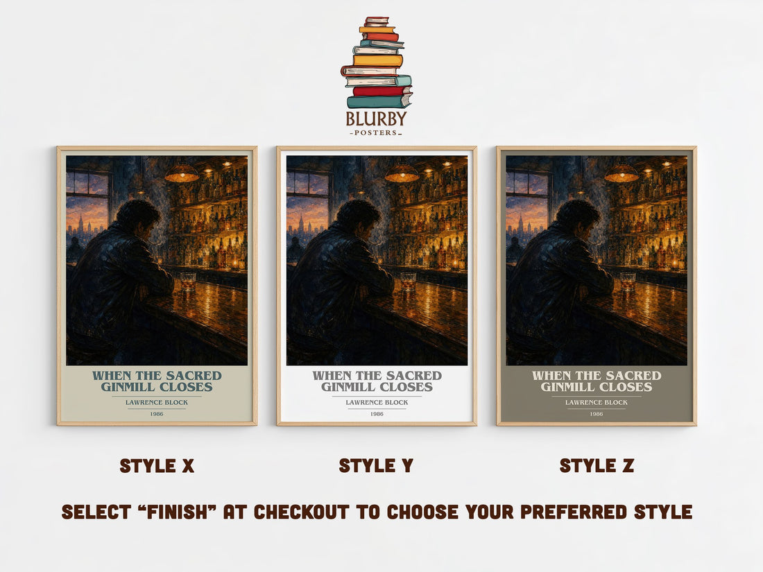 When the Sacred Ginmill Closes book cover print in frame leaning in hallway – crime wall art (mockup)