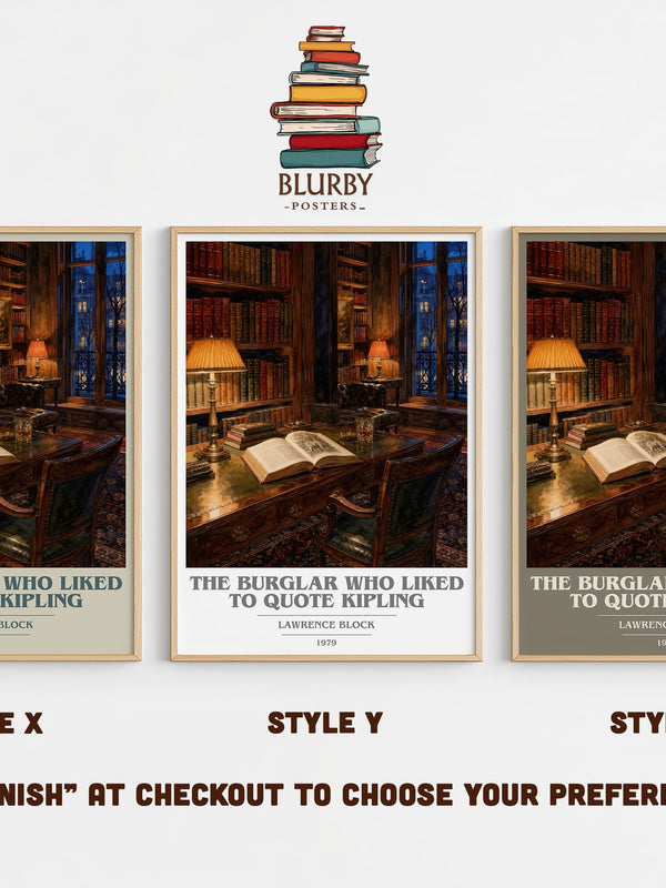 The Burglar Who Liked to Quote Kipling book cover print in frame leaning in hallway – mystery wall art