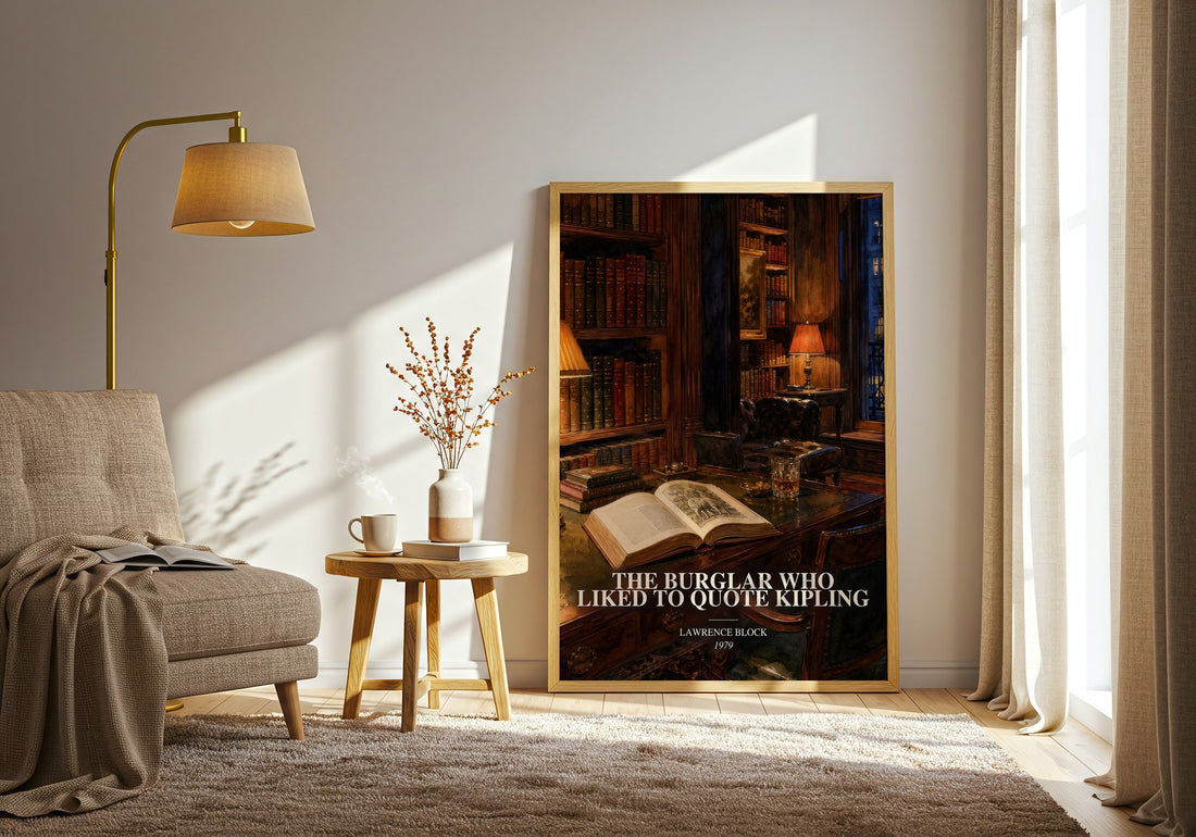 The Burglar Who Liked to Quote Kipling watercolour print in frame leaning in hallway – mystery wall art (mockup)