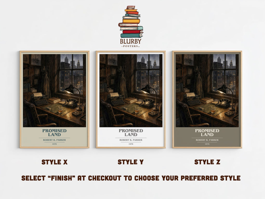 Promised Land book cover print in frame leaning in hallway – crime wall art (mockup)