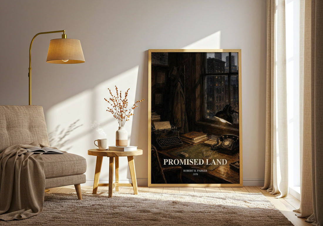 Promised Land watercolour print in frame leaning in hallway – crime wall art (mockup)