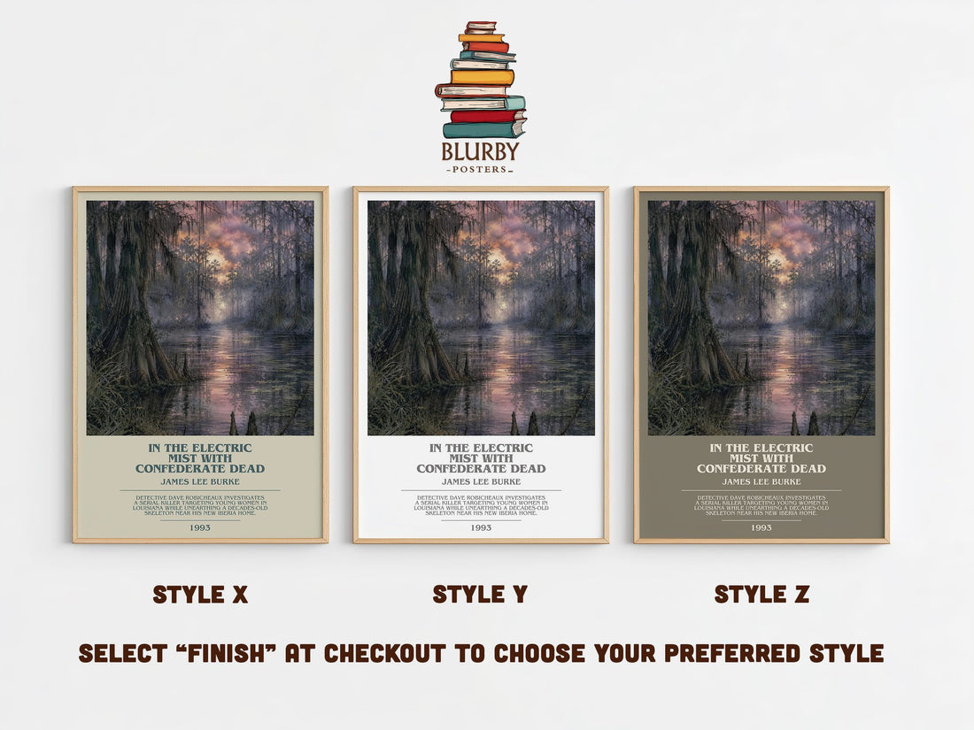 In the Electric Mist with Confederate Dead bookish print in frame leaning in hallway – crime wall art (mockup)