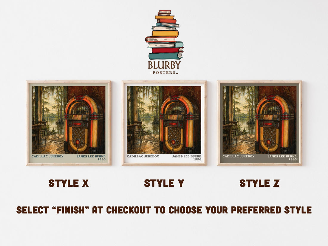 Cadillac Jukebox literary print in frame leaning in hallway – crime wall art (mockup)