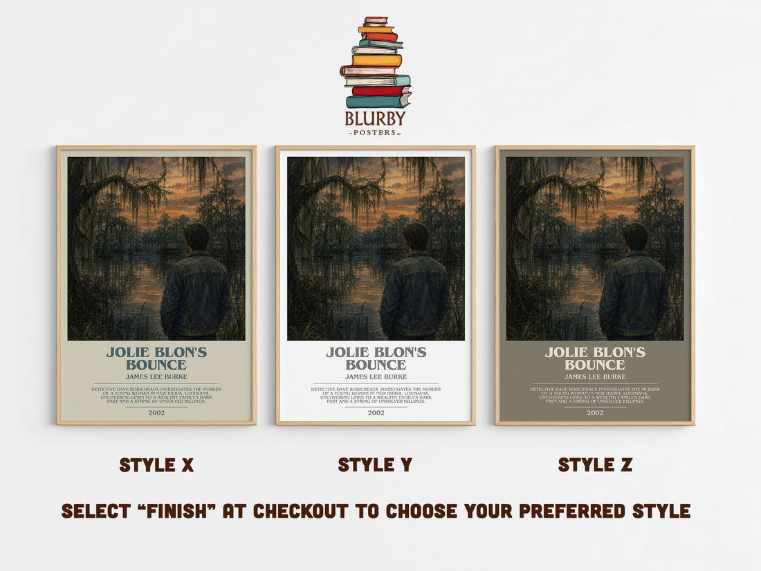 Jolie Blon's Bounce bookish print in frame leaning in hallway – crime wall art (mockup)