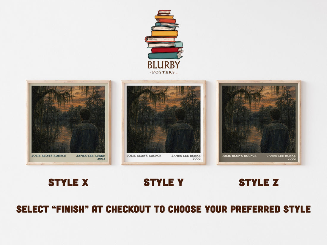 Jolie Blon's Bounce literary print in frame leaning in hallway – crime wall art (mockup)