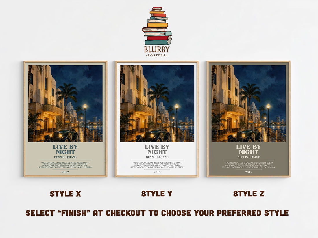 Live by Night bookish print in frame leaning in hallway – crime wall art (mockup)