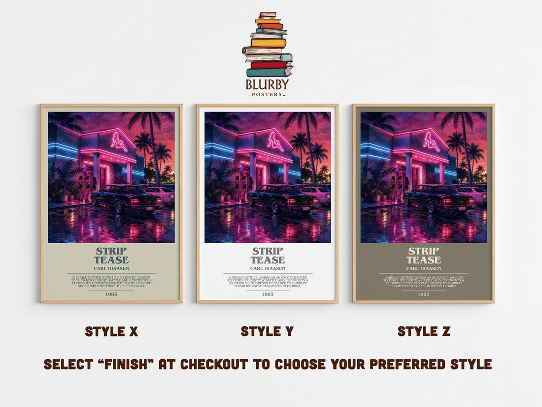 Strip Tease bookish print in frame leaning in hallway – crime wall art (mockup)