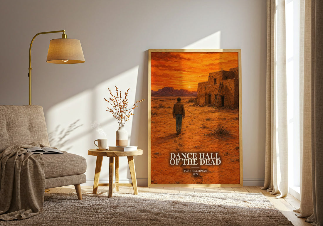 Dance Hall of the Dead watercolour print in frame leaning in hallway – mystery wall art (mockup)