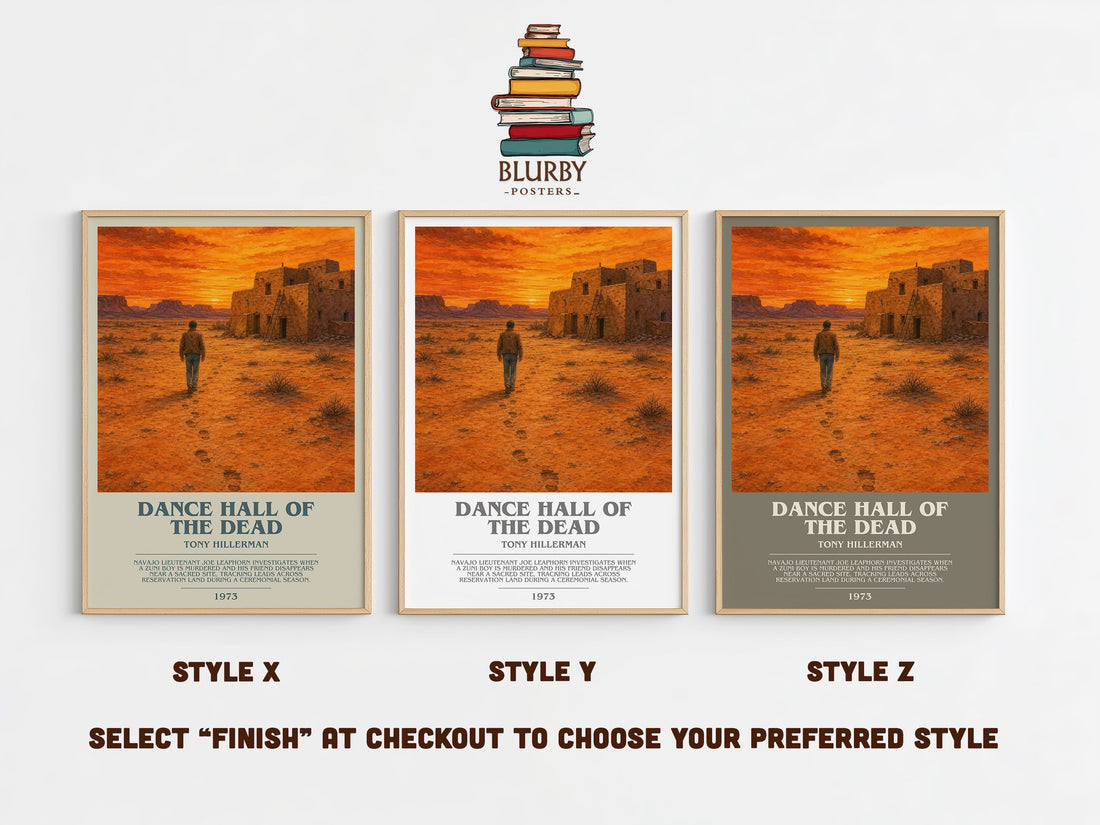 Dance Hall of the Dead bookish print in frame leaning in hallway – mystery wall art (mockup)