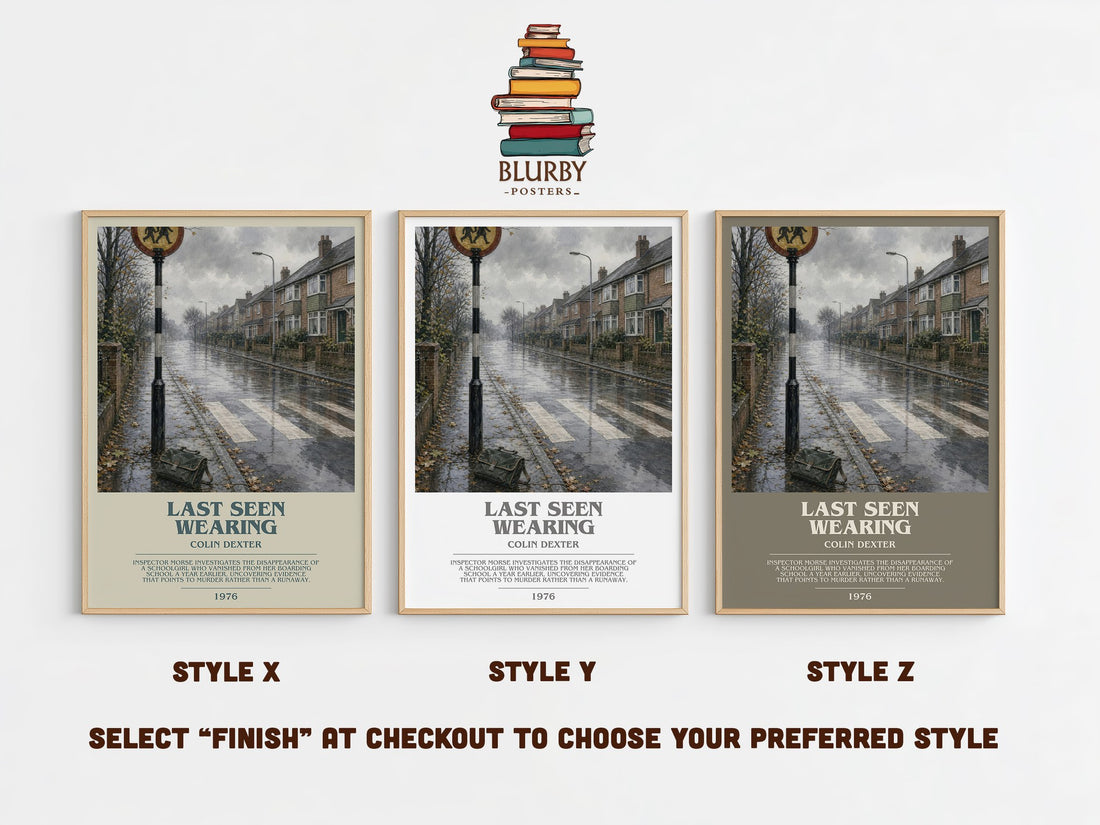 Last Seen Wearing bookish print in frame leaning in hallway – mystery wall art (mockup)