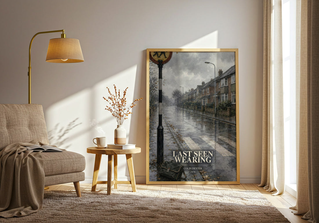 Last Seen Wearing watercolour print in frame leaning in hallway – mystery wall art (mockup)
