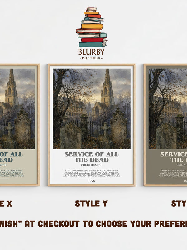 Service of All the Dead bookish print in frame leaning in hallway – mystery wall art