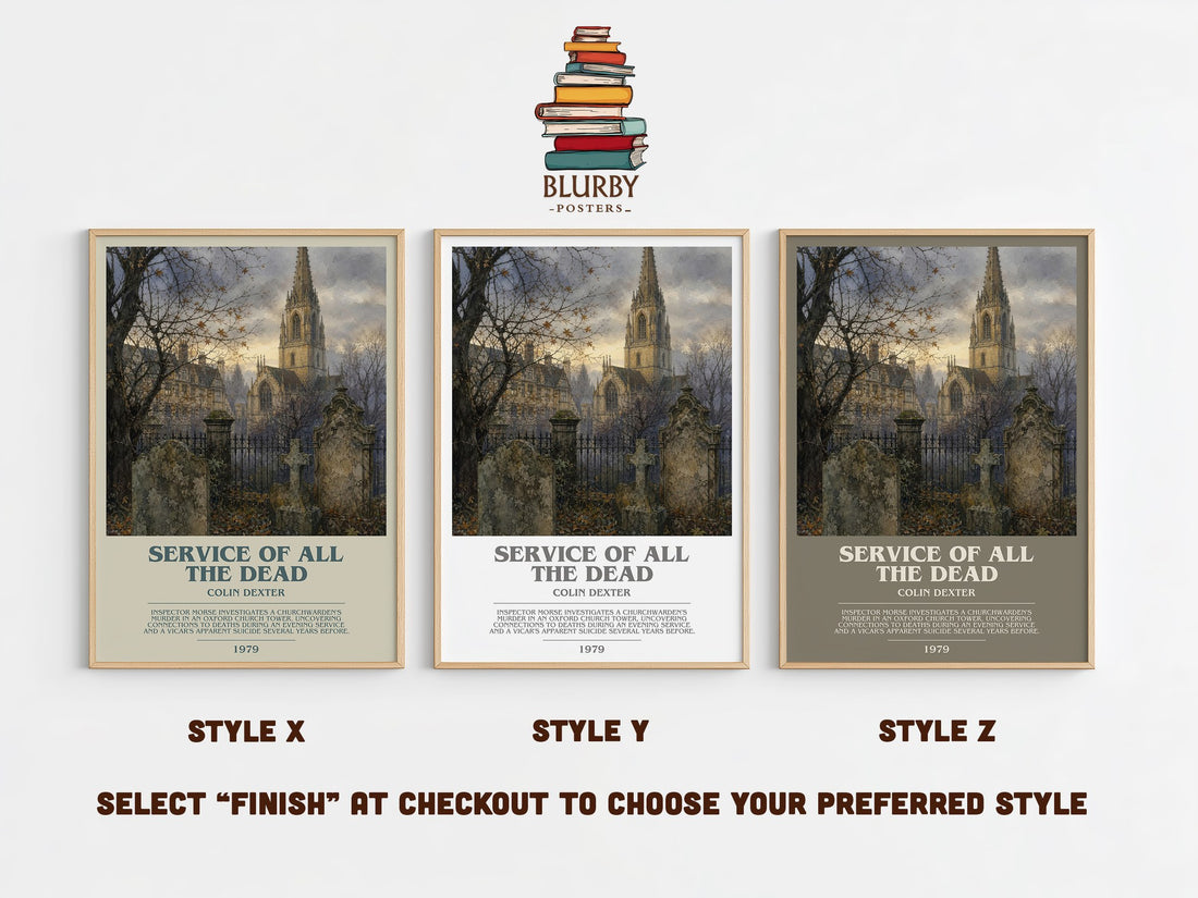 Service of All the Dead bookish print in frame leaning in hallway – mystery wall art (mockup)
