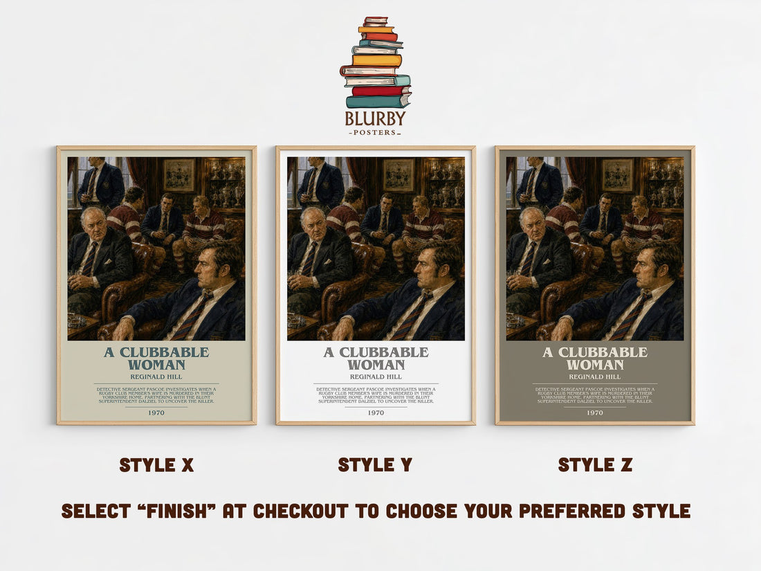 A Clubbable Woman bookish print in frame leaning in hallway – crime wall art (mockup)