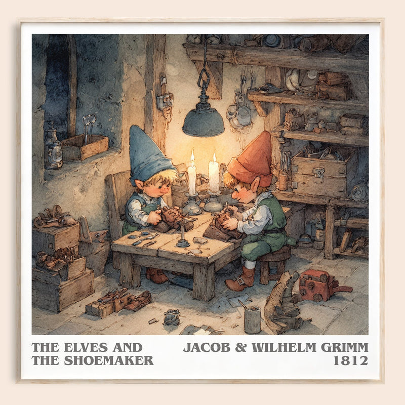 The Elves and the Shoemaker literary book poster by Jacob Grimm – framed literary art print
