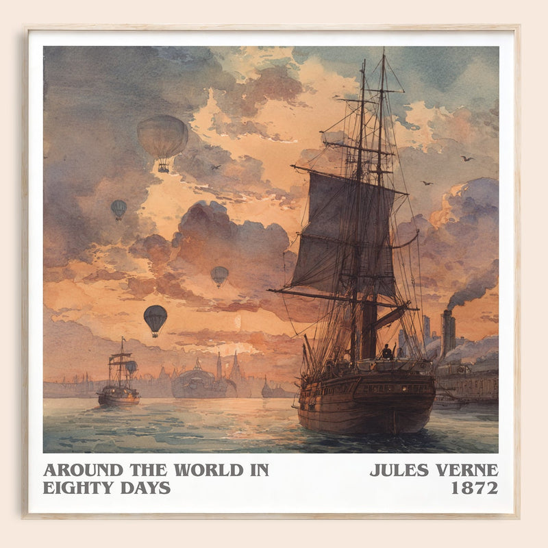 Around the World in Eighty Days literary book poster by Jules Verne – framed literary art print