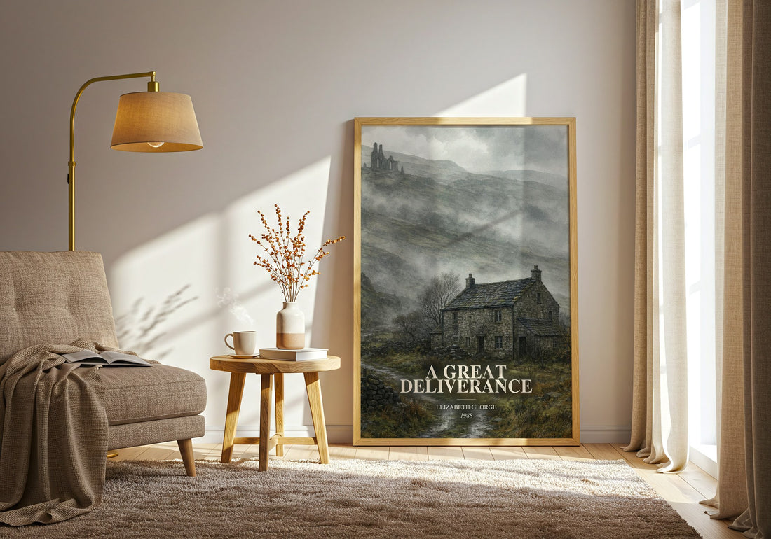 A Great Deliverance watercolour print in frame leaning in hallway – mystery wall art (mockup)