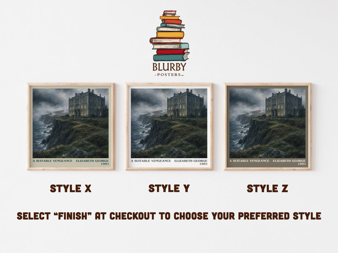 A Suitable Vengeance literary print in frame leaning in hallway – mystery wall art (mockup)