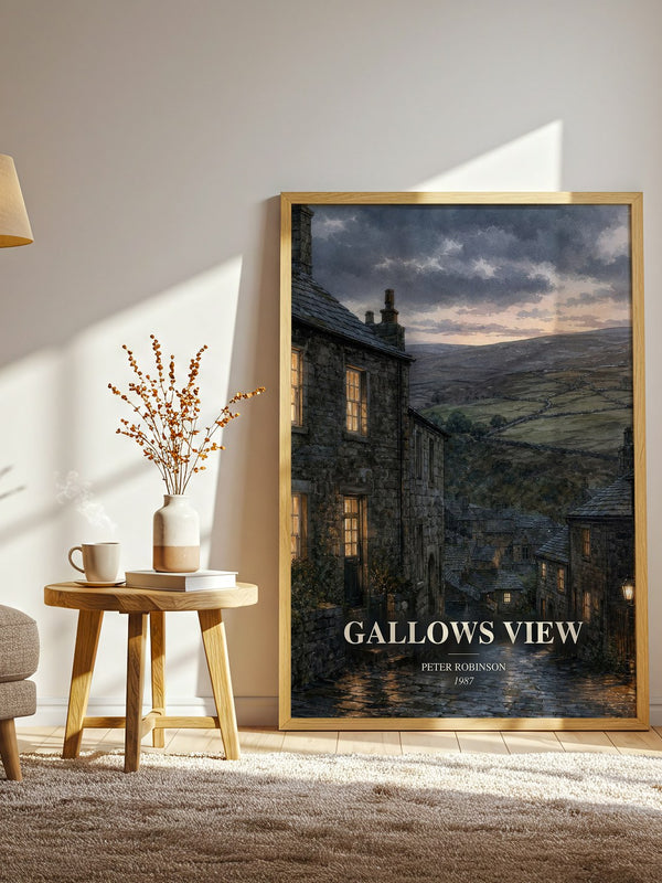Gallows View watercolour print in frame leaning in hallway – mystery wall art