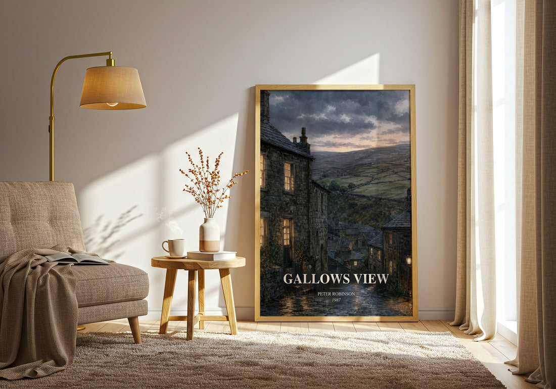 Gallows View watercolour print in frame leaning in hallway – mystery wall art (mockup)
