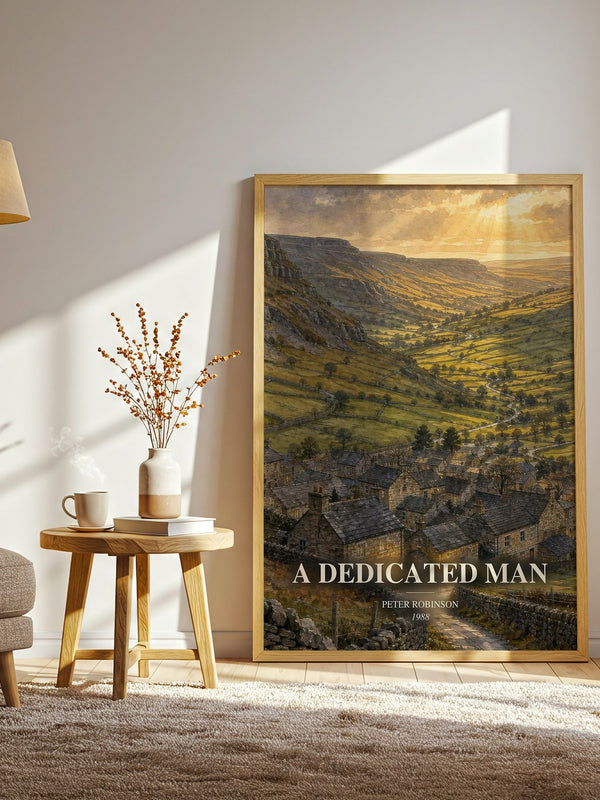 A Dedicated Man watercolour print in frame leaning in hallway – mystery wall art