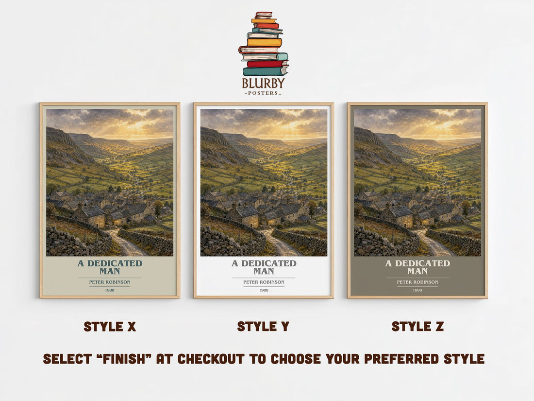 A Dedicated Man book cover print in frame leaning in hallway – mystery wall art (mockup)