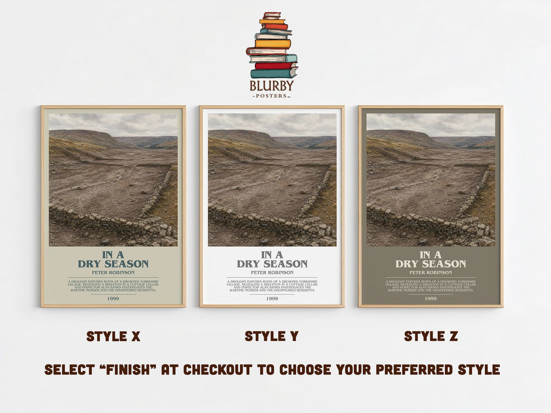 In a Dry Season bookish print in frame leaning in hallway – crime wall art (mockup)