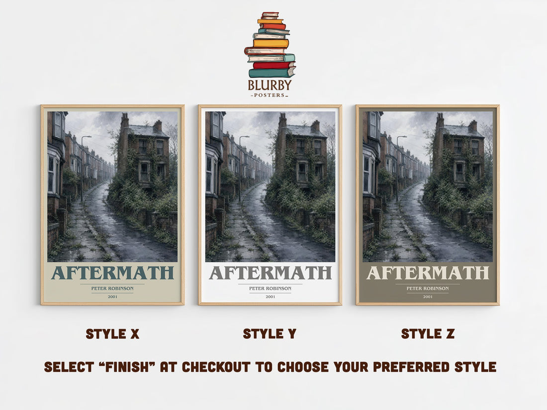 Aftermath book cover print in frame leaning in hallway – crime wall art (mockup)